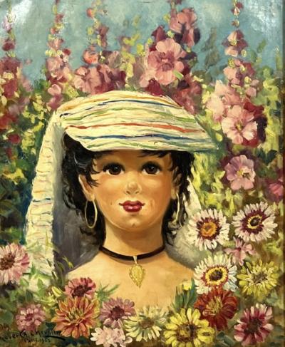 ROBERTA CHEVALIER MID CENTURY PARISIAN GIGI PORTRAIT IN LUSH GARDEN PAINTING SIGNED