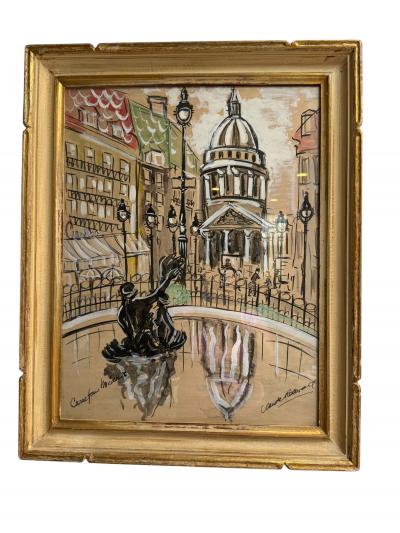 ROMANTIC MID CENTURY GOAUCHE ON PAPER OF PARIS CARREFOUR MEDICIS SIGNED