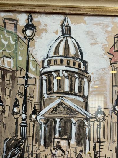 ROMANTIC MID CENTURY GOAUCHE ON PAPER OF PARIS CARREFOUR MEDICIS SIGNED
