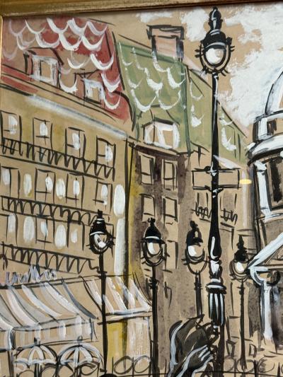 ROMANTIC MID CENTURY GOAUCHE ON PAPER OF PARIS CARREFOUR MEDICIS SIGNED