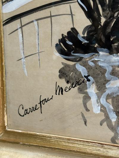 ROMANTIC MID CENTURY GOAUCHE ON PAPER OF PARIS CARREFOUR MEDICIS SIGNED