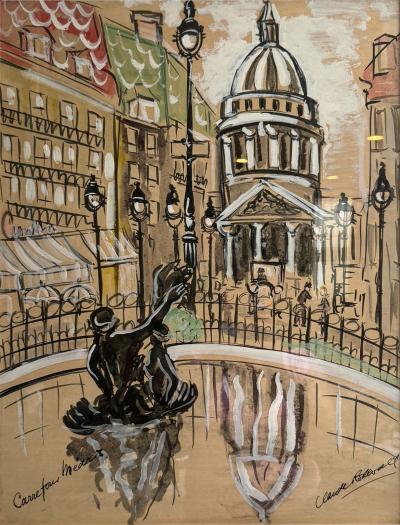 ROMANTIC MID CENTURY GOAUCHE ON PAPER OF PARIS CARREFOUR MEDICIS SIGNED