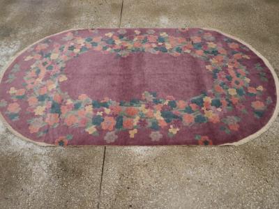 ROUND OVAL VINTAGE CHINESE ART DECO ACCENT RUG