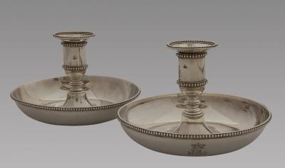 ROYAL SILVER A Pair of George III Silver Traveling Chambersticks 1778