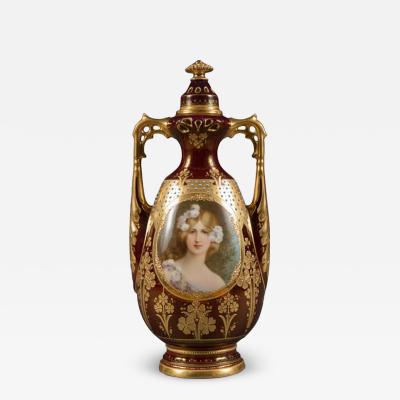 ROYAL VIENNA PORCELAIN JEWELED IRIDESCENT PORTRAIT VASE