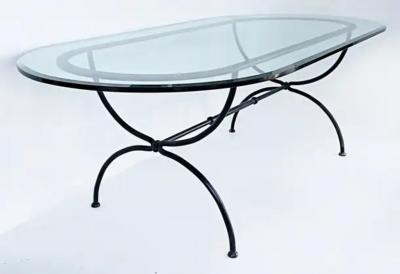 Race Track Oval Powder Coated Wrought Iron Dining Table with Thick Glass Top