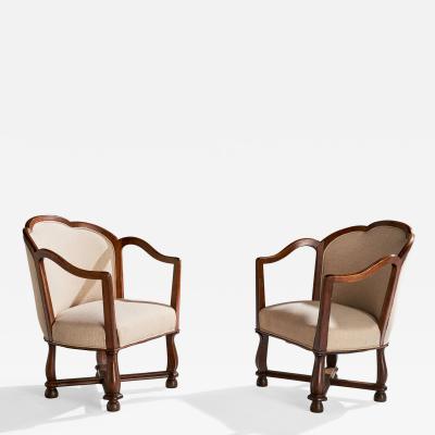 Ragnar Ostman Lounge Chairs with Oak and Fabric Sweden 1920s