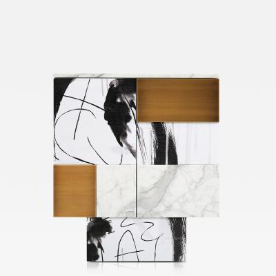 Railis Kotlevs Modern Eve White Marble Abstract Art Brushed Brass Ash Veneer Storage Cabinet
