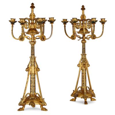 Raingo Fr res Byzantine style gilt bronze and champlev enamel clock garniture