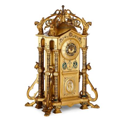 Raingo Fr res Byzantine style gilt bronze and champlev enamel clock garniture