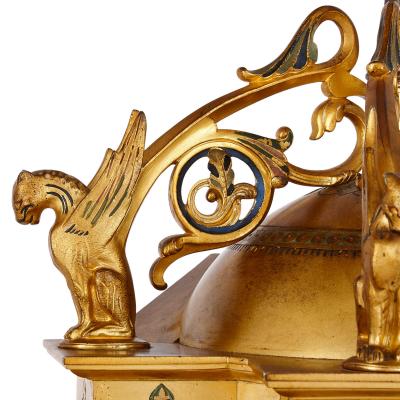Raingo Fr res Byzantine style gilt bronze and champlev enamel clock garniture