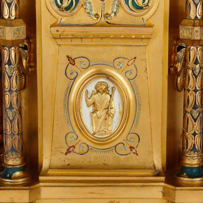 Raingo Fr res Byzantine style gilt bronze and champlev enamel clock garniture