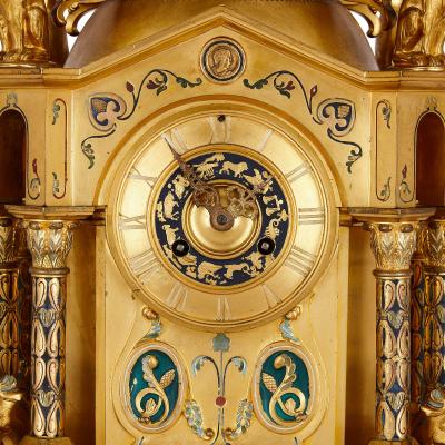 Raingo Fr res Byzantine style gilt bronze and champlev enamel clock garniture