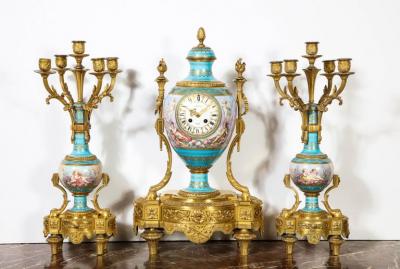 Raingo Fr res Exceptional French Ormolu Mounted Turquoise Jeweled Sevres Porcelain Clock Set