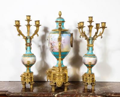 Raingo Fr res Exceptional French Ormolu Mounted Turquoise Jeweled Sevres Porcelain Clock Set