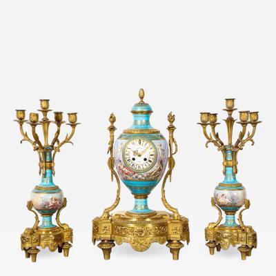 Raingo Fr res Exceptional French Ormolu Mounted Turquoise Jeweled Sevres Porcelain Clock Set