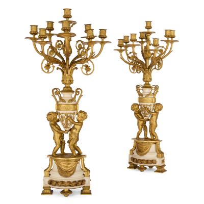 Raingo Fr res Grand ormolu and marble clock set by Raingo Fr res and Salmson
