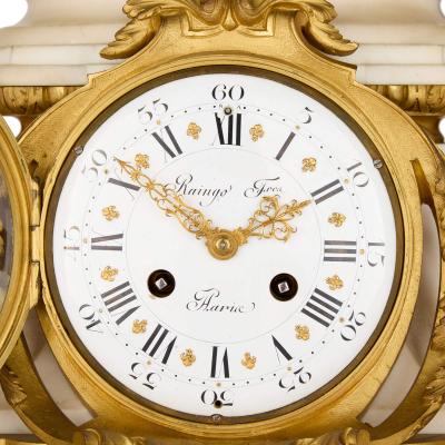 Raingo Fr res Grand ormolu and marble clock set by Raingo Fr res and Salmson