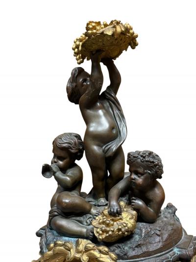 Raingo Fr res MAGNIFICENT THREE CHERUB 19TH CENTURY FRENCH DARK DORE BRONZE MARBLE CLOCK