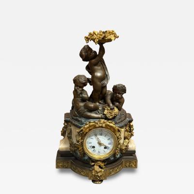 Raingo Fr res MAGNIFICENT THREE CHERUB 19TH CENTURY FRENCH DARK DORE BRONZE MARBLE CLOCK