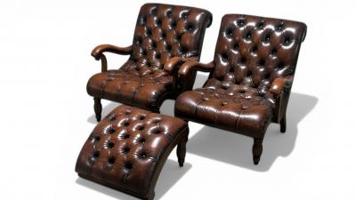 Ralph Lauren Style Leather Lounge Chairs and Ottoman Late 20th C 