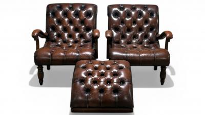 Ralph Lauren Style Leather Lounge Chairs and Ottoman Late 20th C 