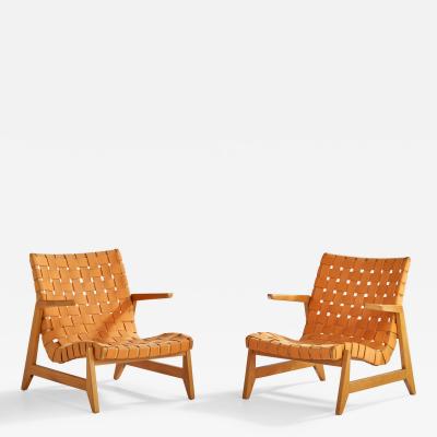 Ralph Rapson Rare Lounge Chairs with Maple Cotton and Brass USA 1945