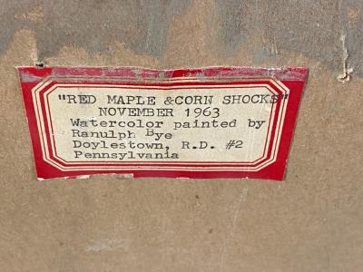Ranulph De Bayeux Bye DRAMATIC RED MAPLE AND CORN SHOCKS WATERCOLOR BY RANULPH BYE