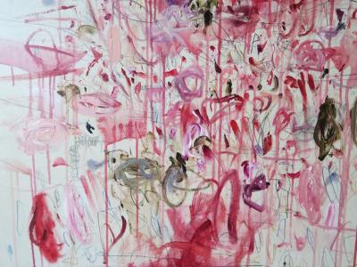 Ranunculus III Acrylic Oil Pastels and Pencils Red Pink Abstract 60 x60