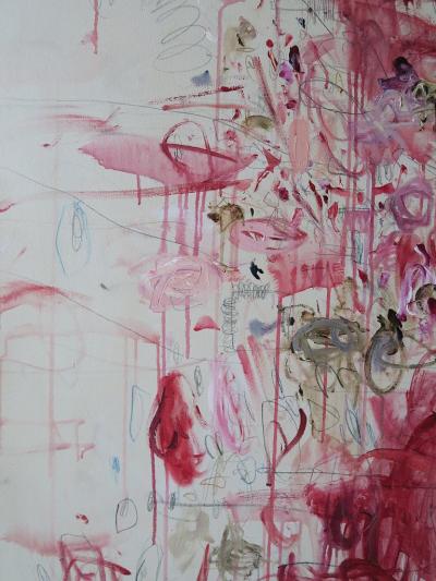 Ranunculus III Acrylic Oil Pastels and Pencils Red Pink Abstract 60 x60