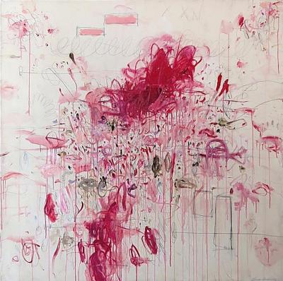 Ranunculus III Acrylic Oil Pastels and Pencils Red Pink Abstract 60 x60 