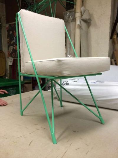Raoul Guys Raoul Guys Rare Set of Four Aqua Metal Chairs Newly Recovered in Canvas Cloth