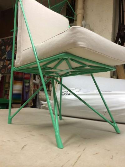 Raoul Guys Raoul Guys Rare Set of Four Aqua Metal Chairs Newly Recovered in Canvas Cloth