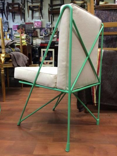 Raoul Guys Raoul Guys Rare Set of Four Aqua Metal Chairs Newly Recovered in Canvas Cloth