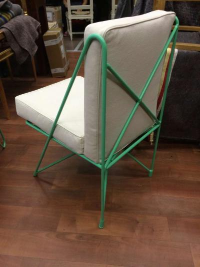 Raoul Guys Raoul Guys Rare Set of Four Aqua Metal Chairs Newly Recovered in Canvas Cloth