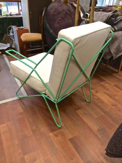 Raoul Guys Raoul Guys Rarest Pair of Aqua Metal Chairs Newly Recovered in Canvas Cloth