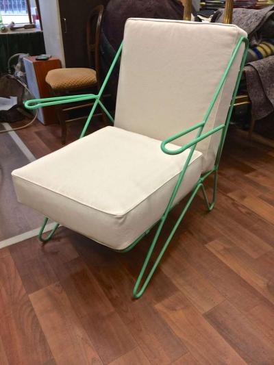 Raoul Guys Raoul Guys Rarest Pair of Aqua Metal Chairs Newly Recovered in Canvas Cloth