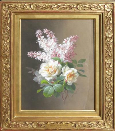 Raoul Maucherat de Longpre Orange Roses and Lilac Posy 
