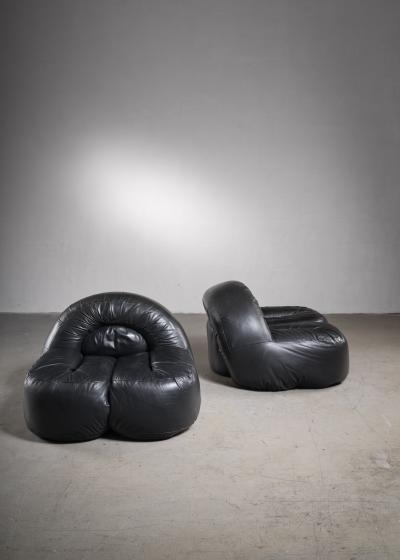 Raphael Raffel Black leather lounge chairs France