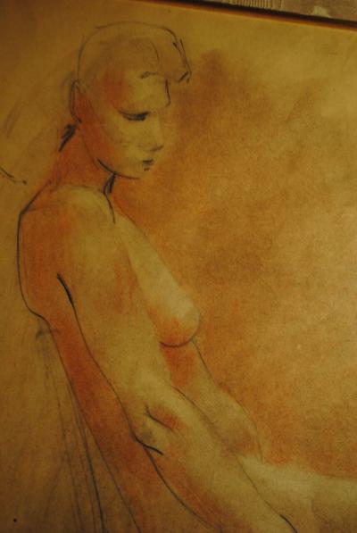 Raphael Soyer Drawing and Gouache of Large Nude signed