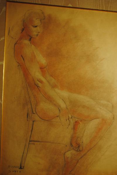 Raphael Soyer Drawing and Gouache of Large Nude signed