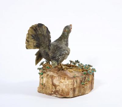 Rare 18K Gold Enamel and Diamond Mounted Carved Labradorite Turkey Bird