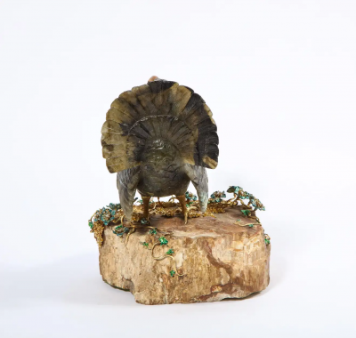 Rare 18K Gold Enamel and Diamond Mounted Carved Labradorite Turkey Bird