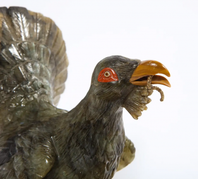 Rare 18K Gold Enamel and Diamond Mounted Carved Labradorite Turkey Bird