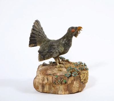 Rare 18K Gold Enamel and Diamond Mounted Carved Labradorite Turkey Bird