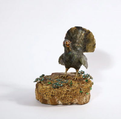 Rare 18K Gold Enamel and Diamond Mounted Carved Labradorite Turkey Bird