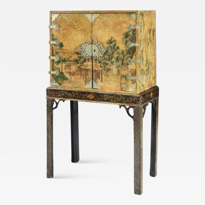 Rare 18th Century Chinese Wallpaper Covered Cabinet on Stand