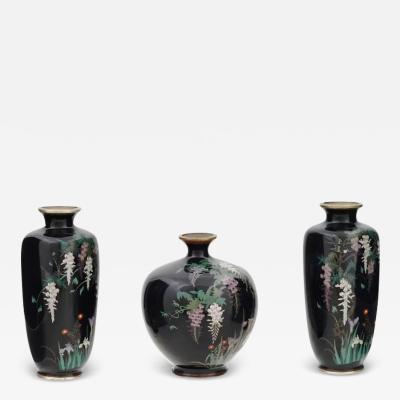 Rare 3 Piece Set of Antique Meiji Japanese Cloisonne Enamel Silver Wire Vases