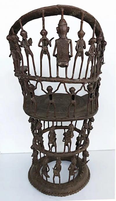 Rare African Cameroon Bronze Figurative Throne Chair 20th Century