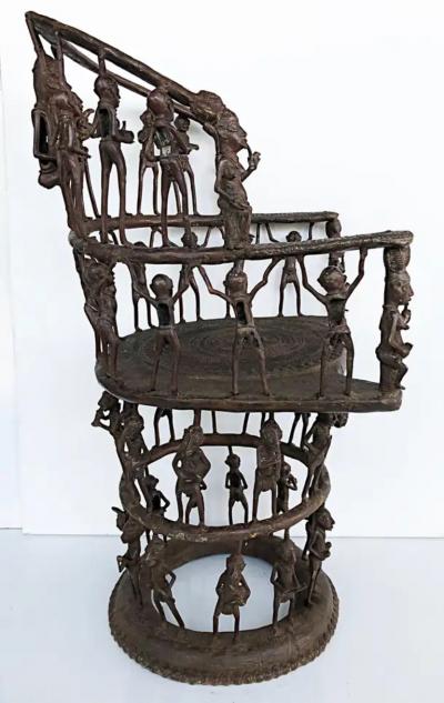 Rare African Cameroon Bronze Figurative Throne Chair 20th Century